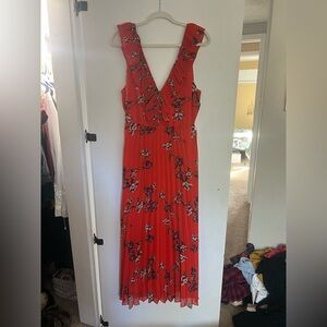 Loved By You Red Orange Floral Print Pleated Chiffon Maxi Dress